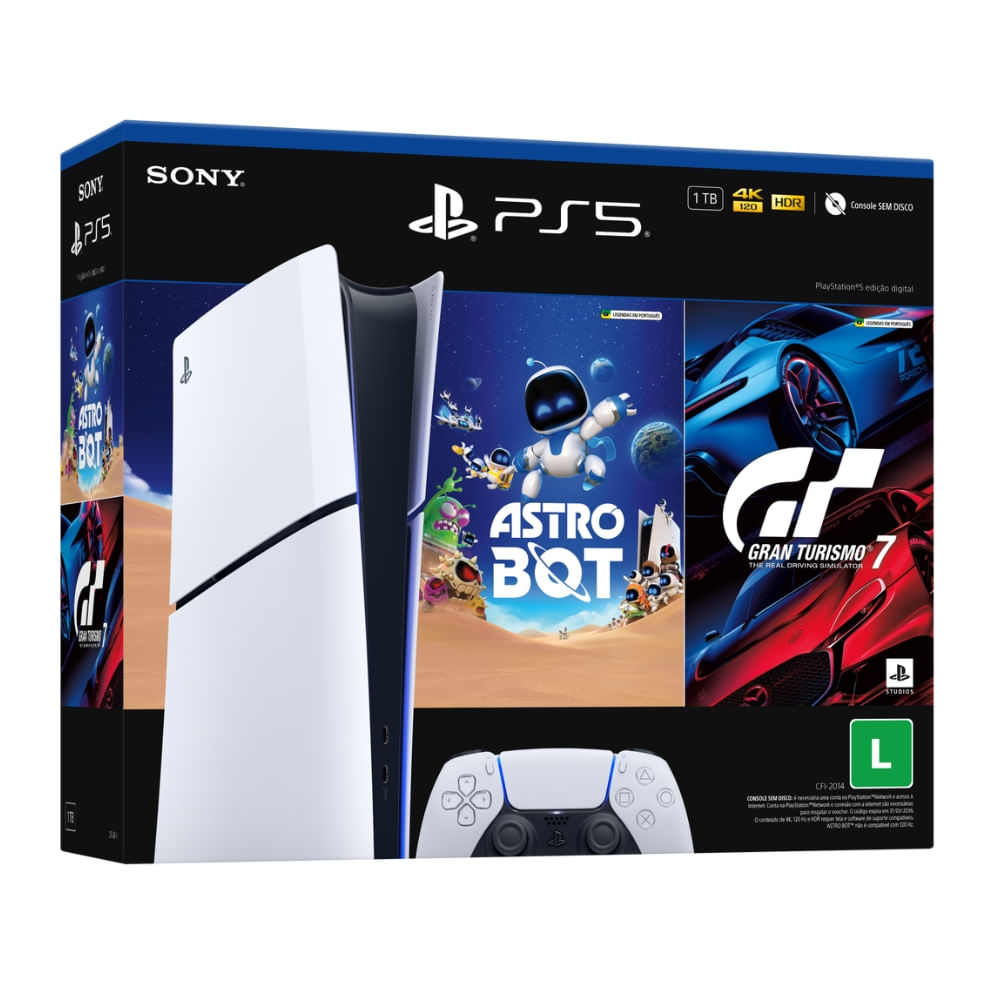 Console PS5 Slim Digital 1TB SSD + Astro Bot + Gran Turismo 7 com Controle DualSense Branco - Sony