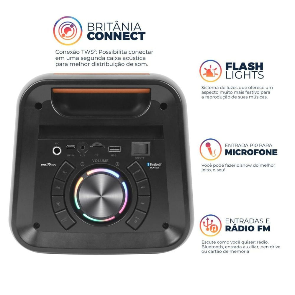 Caixa de Som Britânia BCX4601 350W Flash Lights Preto - Imagem 4