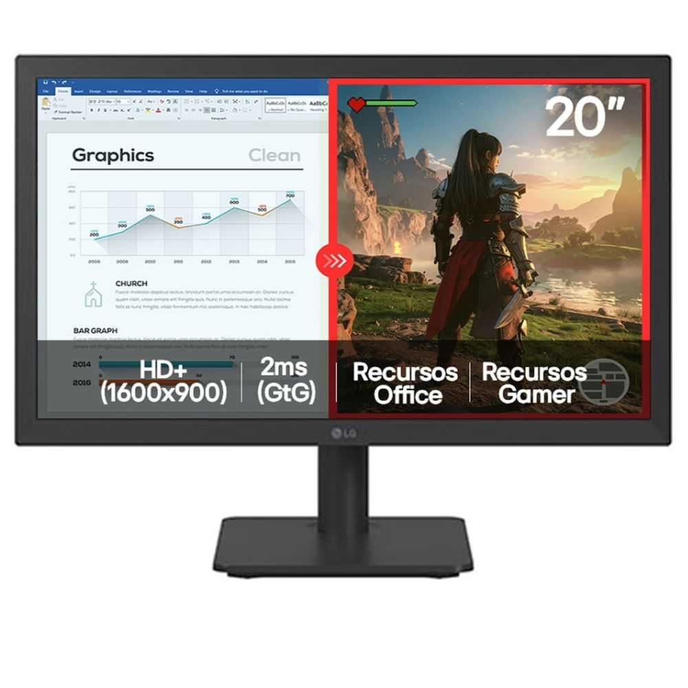Monitor LG 20" HD+ 75Hz 20U401A-B.AWZM 2MS LED TN HDMI Preto