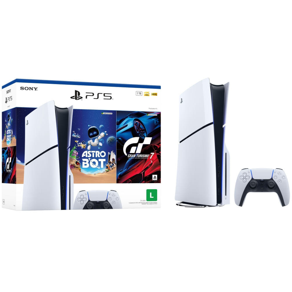 Console PS5 Slim Físico 1TB SSD + Astro Bot + Gran Turismo 7 com Controle DualSense Branco - Sony