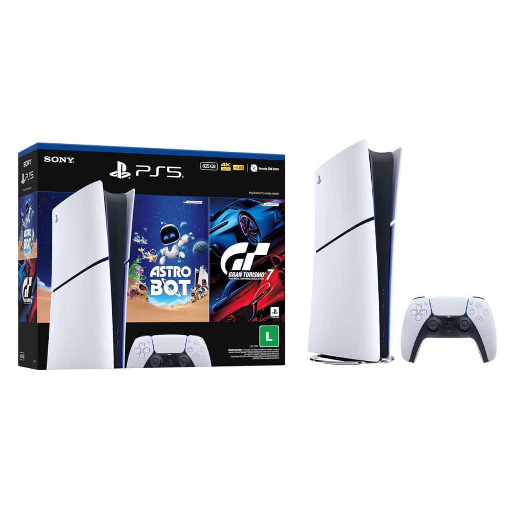 Console PS5 Slim Digital 825GB SSD + Astro Bot + Gran Turismo 7 com Controle DualSense Branco - Sony