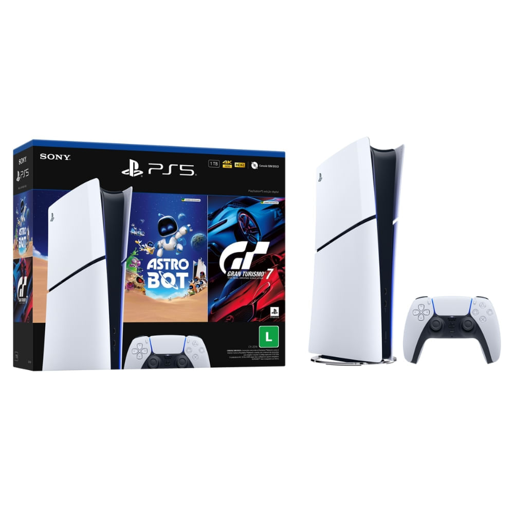 Console PS5 Slim Digital 1TB SSD + Astro Bot + Gran Turismo 7 com Controle DualSense Branco - Sony