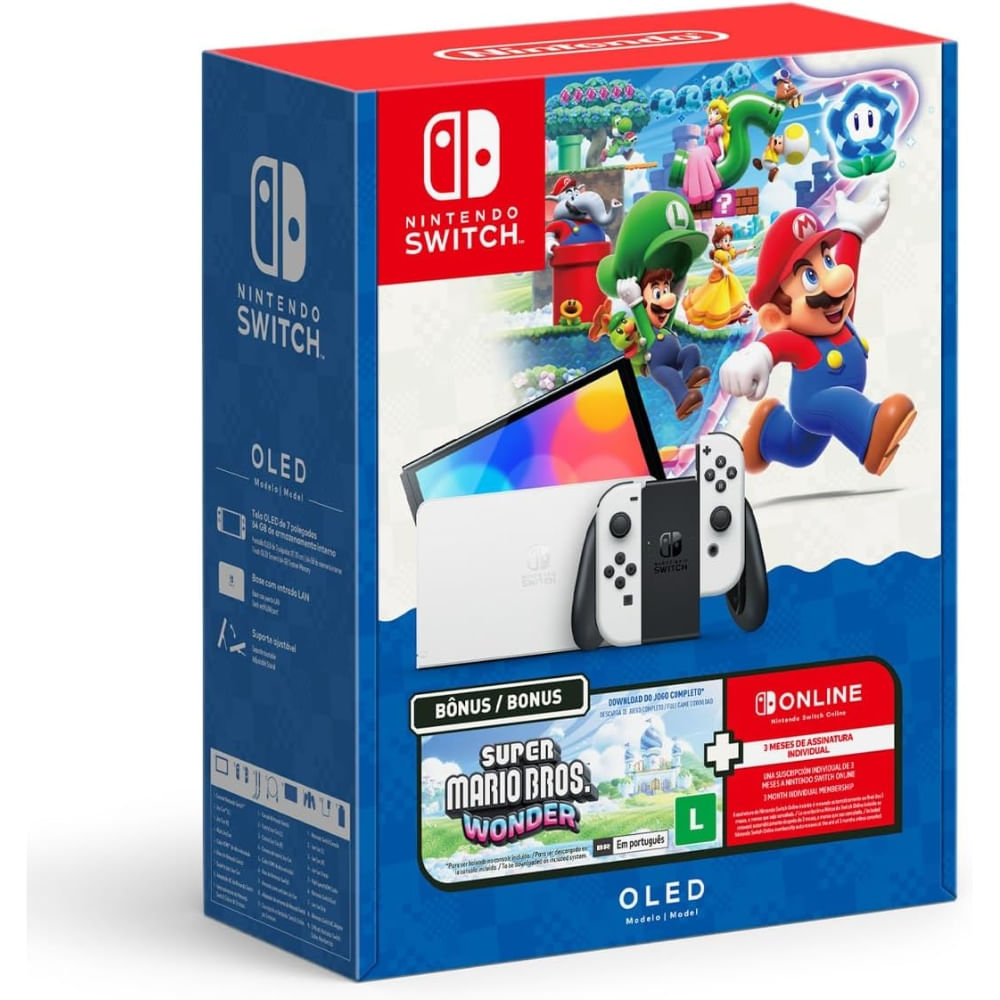 Console Nintendo Switch OLED Branco + Super Mario Bros Wonder + 3 Meses Assinatura